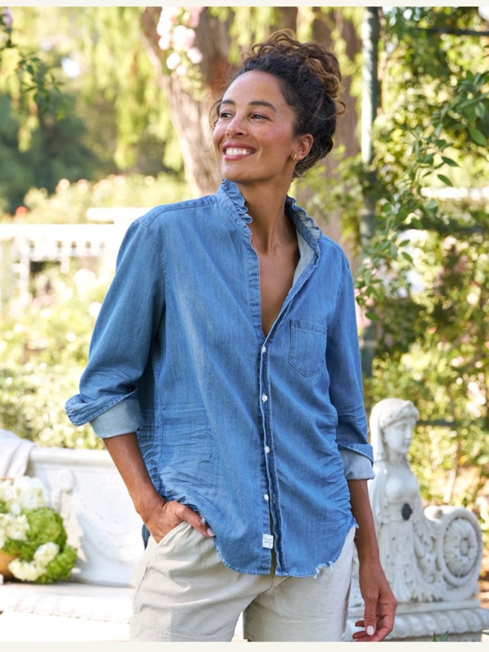 Frank & Eileen Ruffle Collar denim shirt Small